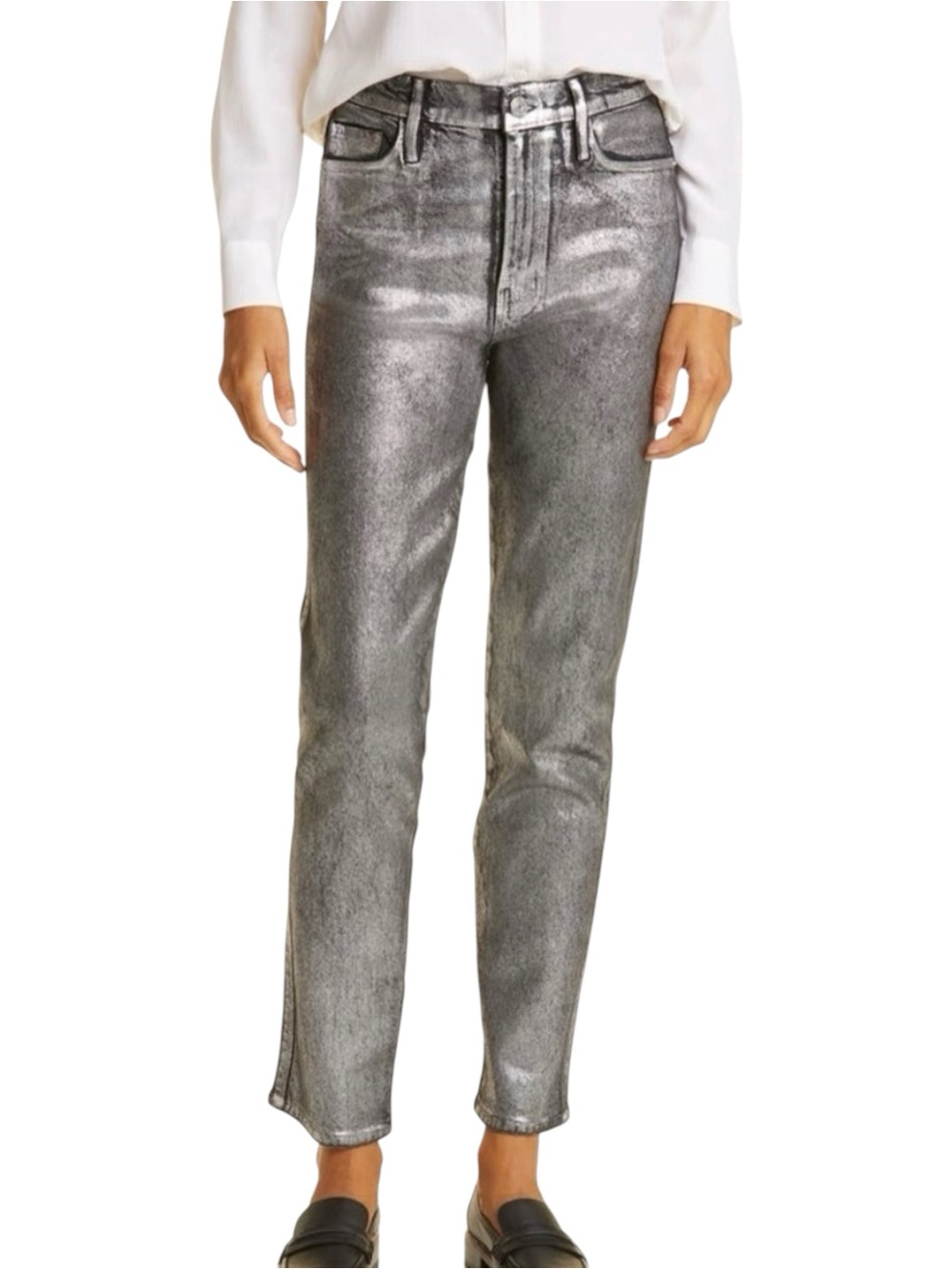 Frame Le Sylvie Slender Straight Leg Metallic Silver Jeans 27 in Chrome Noir